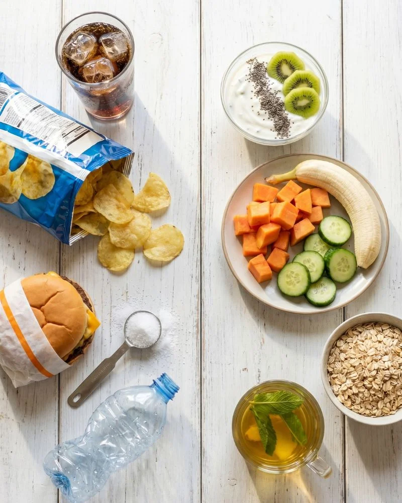 Flat lay showing common causes of bloating including salty foods and soda.