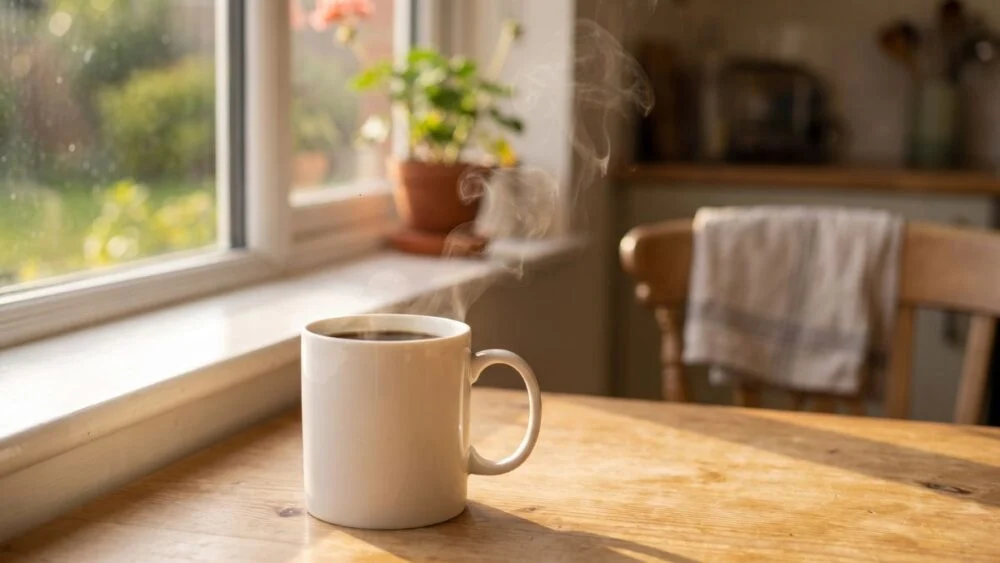 Steaming mug of black coffee on a sunlit kitchen windowsill in the morning