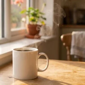 Steaming mug of black coffee on a sunlit kitchen windowsill in the morning