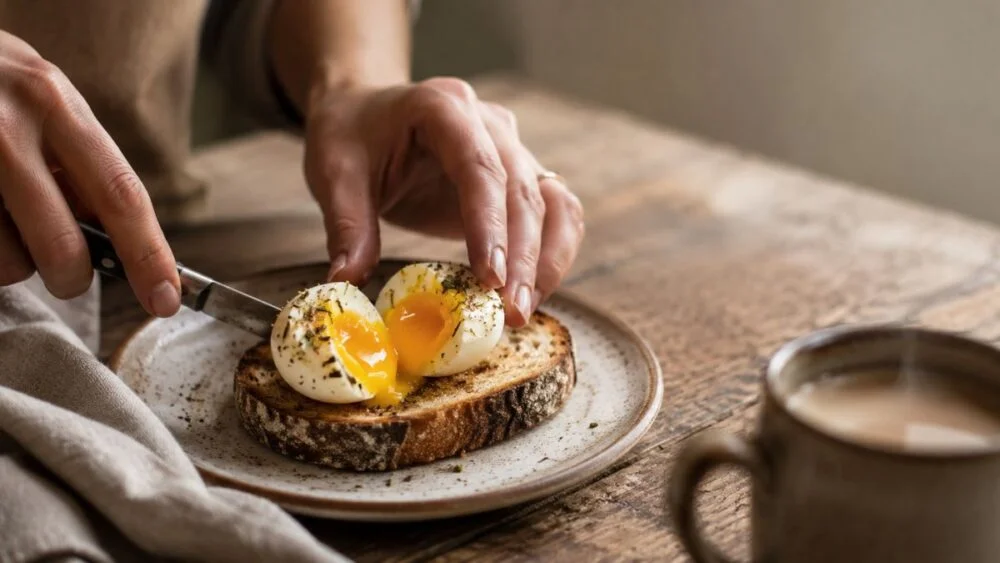 Hands slicing a jammy egg with a glossy creamy yolk over sourdough toast in natural morning light