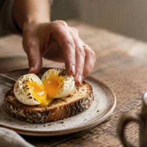 Hands slicing a jammy egg with a glossy creamy yolk over sourdough toast in natural morning light
