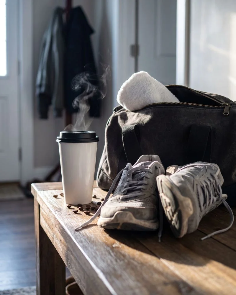 To-go cup of black coffee next to running shoes and a gym bag by the front door