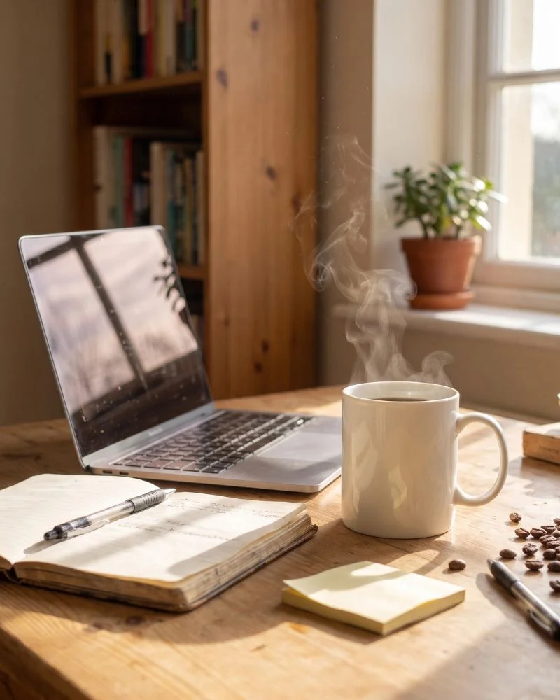 Cup of black coffee beside an open laptop and notebook on a sunlit desk