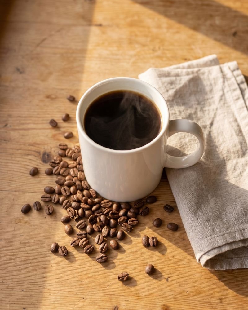 Overhead flat lay of black coffee in a white mug surrounded by roasted coffee beans on a wood table