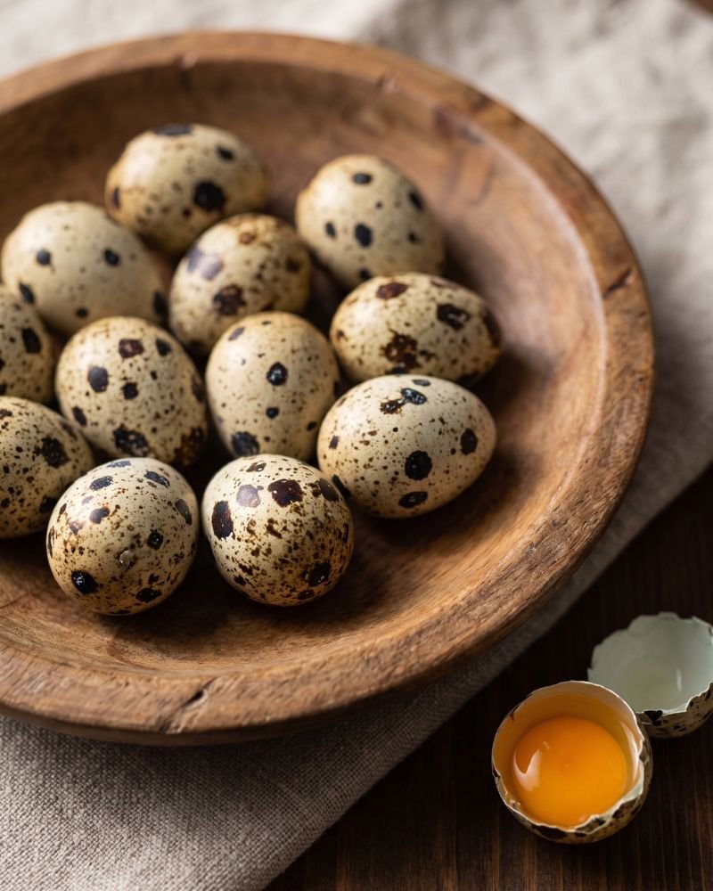 Close-up of speckled quail eggs in a wooden bowl next to one cracked open showing the yolk