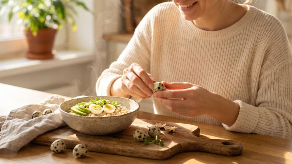 Woman peeling a boiled quail egg over a breakfast bowl with oatmeal, avocado, and sliced quail eggs in natural morning light