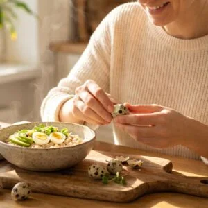 Woman peeling a boiled quail egg over a breakfast bowl with oatmeal, avocado, and sliced quail eggs in natural morning light