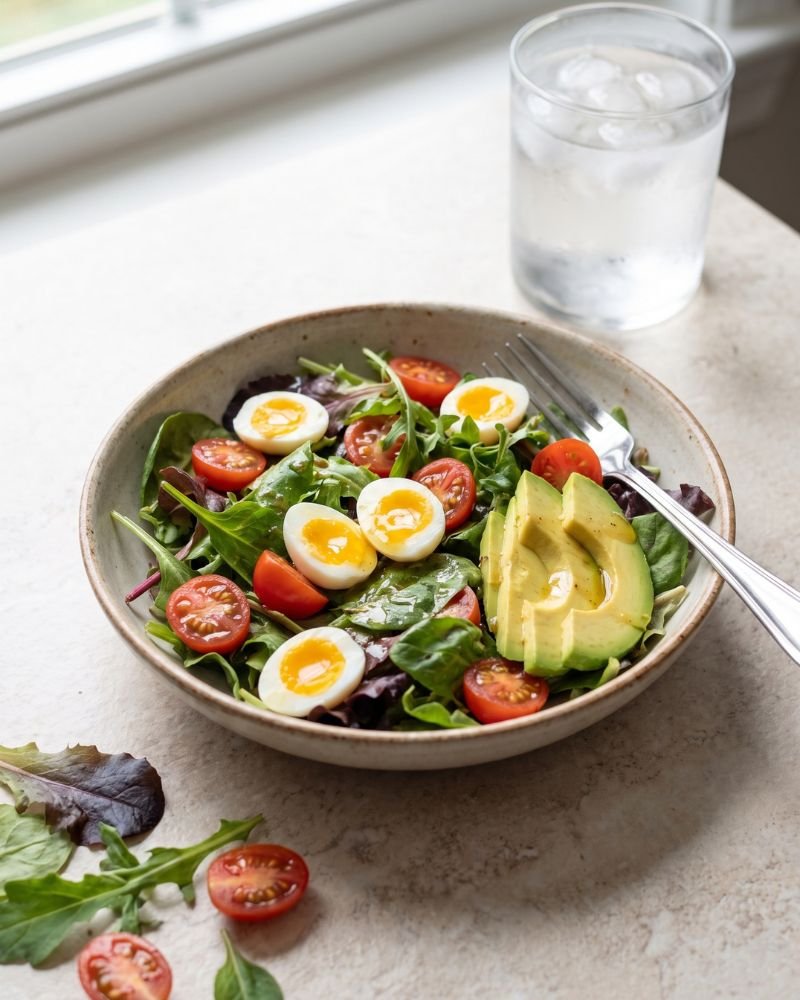 Fresh salad bowl topped with halved quail eggs, avocado, and cherry tomatoes on a marble table