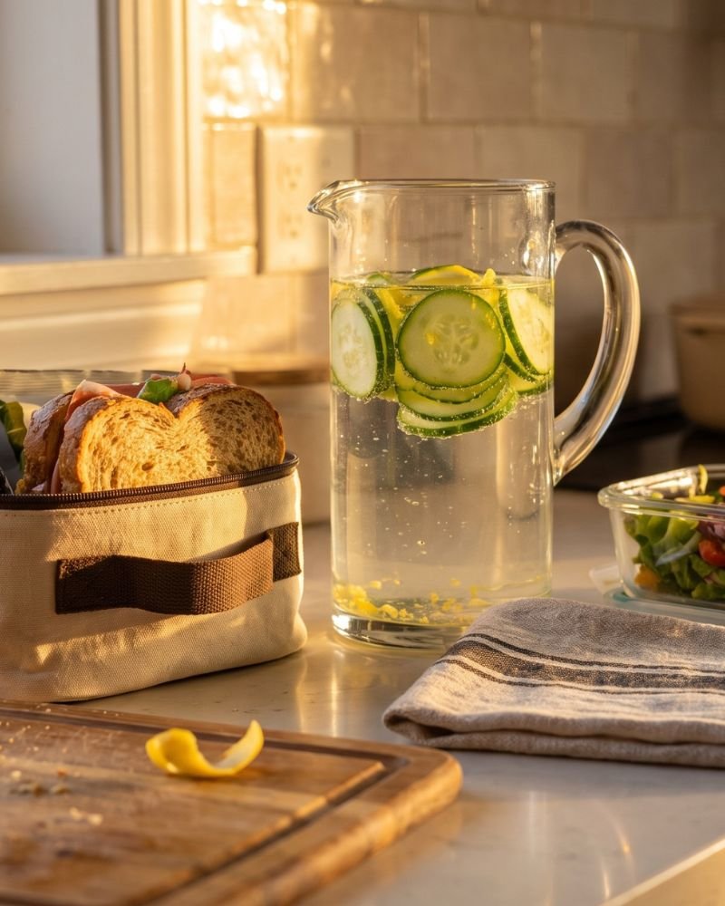 Pitcher of lemon cucumber water on a kitchen counter next to meal-prep containers at golden hour